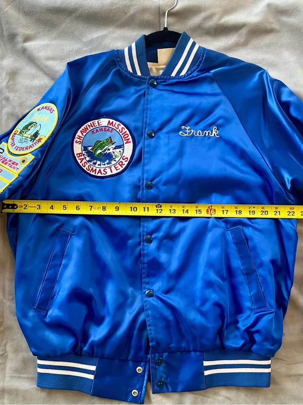 Vintage Shawnee Mission Bassmasters Blue Satin Bomber Jacket with Embroidery